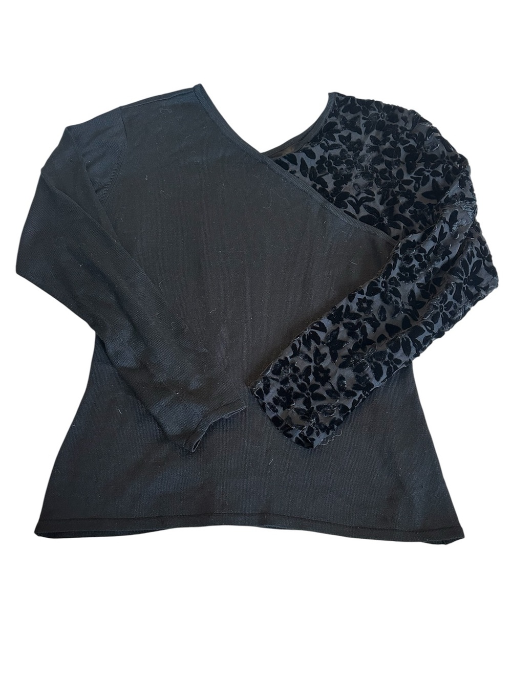 Black Asymmetrical Velvet Flocked Floral Sleeve Knit Top